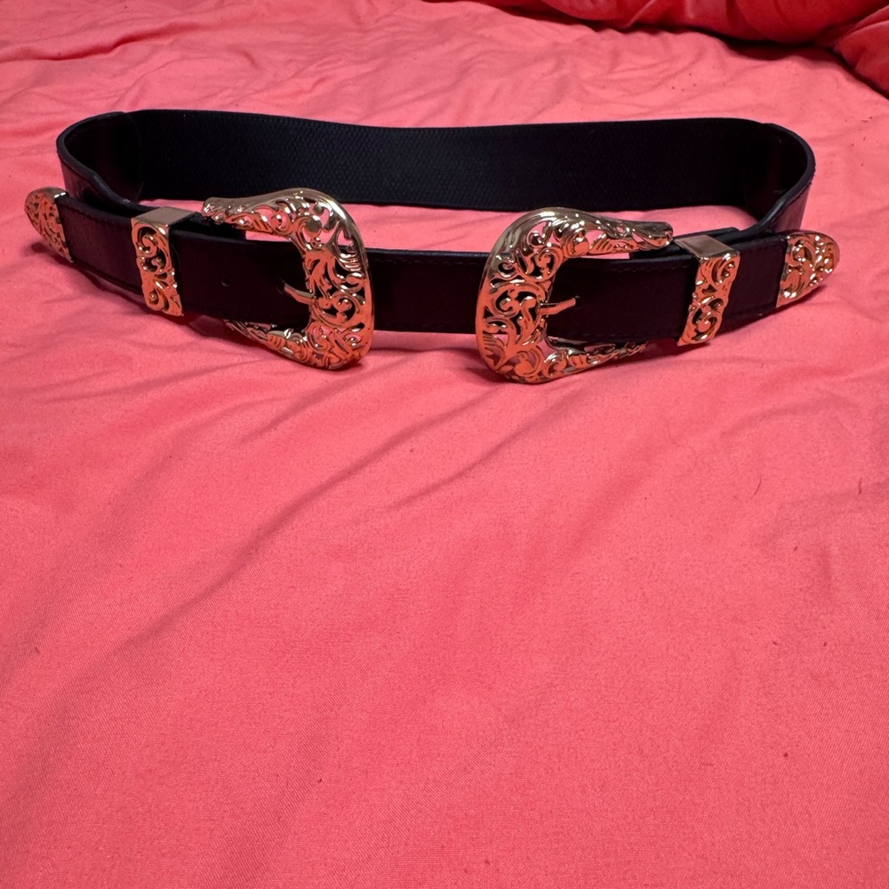 Chic Black Belt with Ornate Gold Buckles
